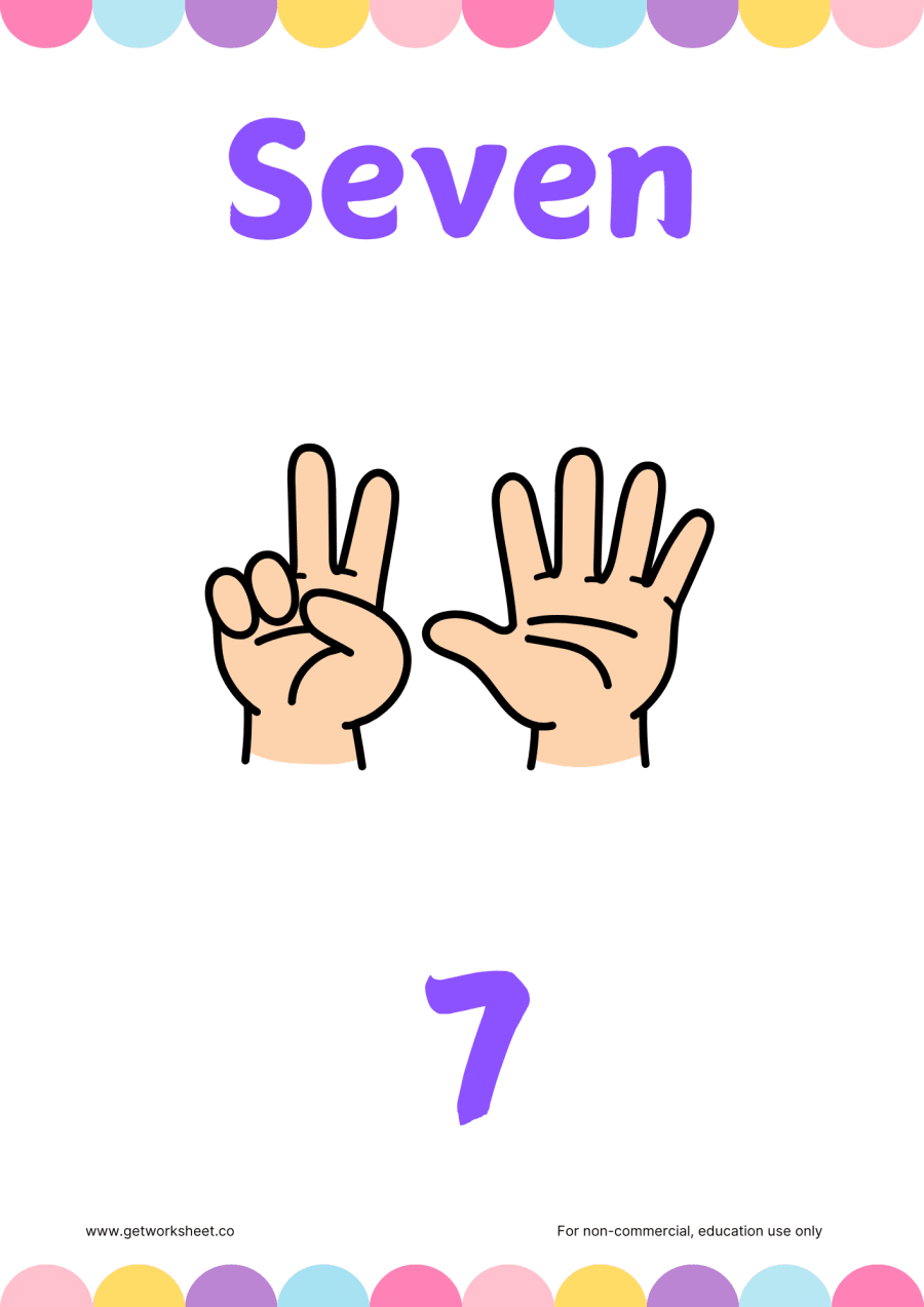 Number 7 flashcard: Seven with 7 fingers held up – free printable PDF worksheet, page 1 preview (Free number flashcards)