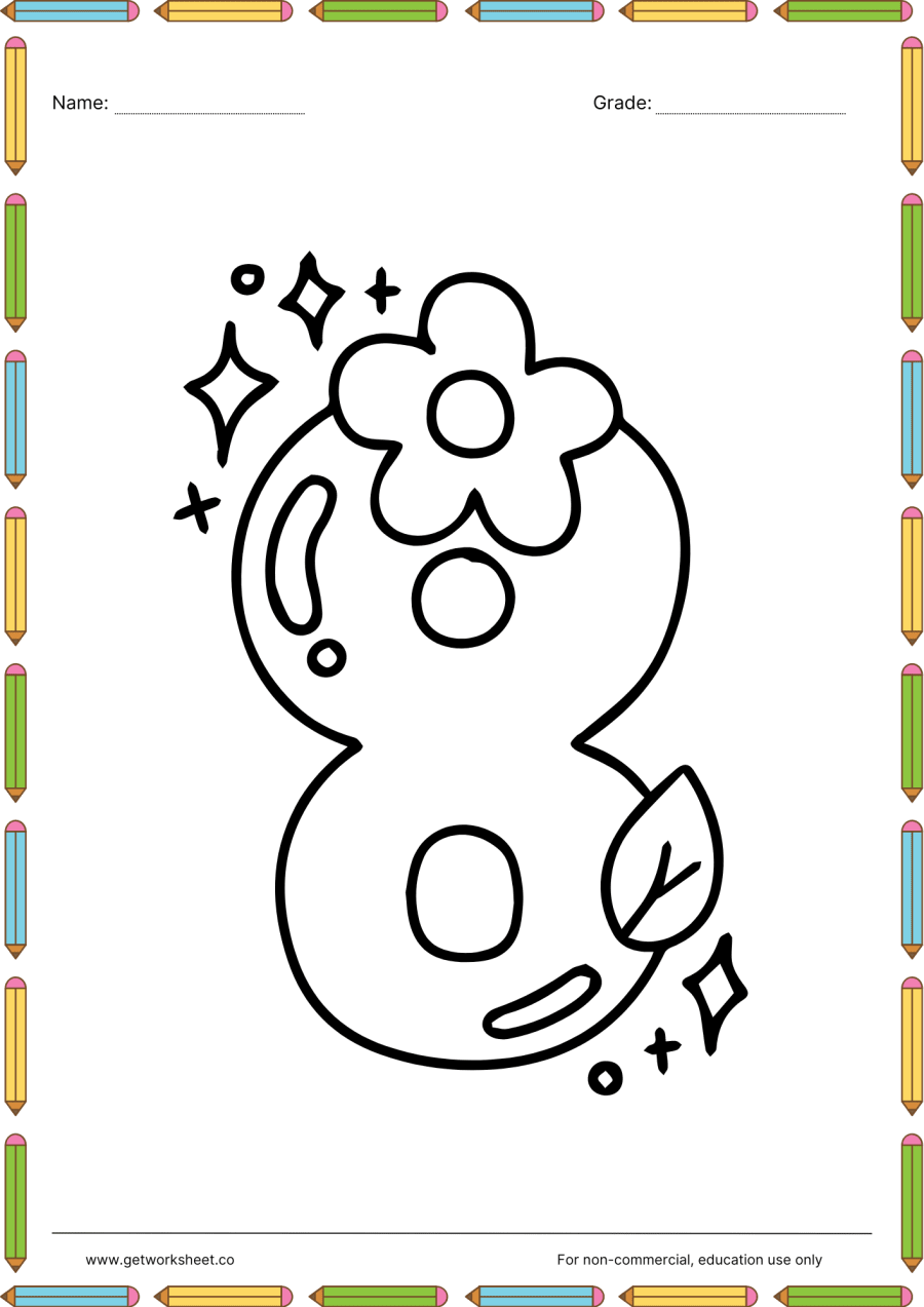 Number 8 coloring page: flower on the top loop – free printable PDF worksheet, page 1 preview (Free printable number coloring pages)