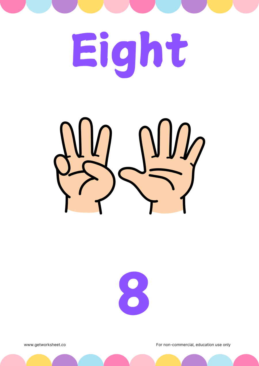 Number 8 flashcard: Eight with 8 fingers held up – free printable PDF worksheet, page 1 preview (Free number flashcards)