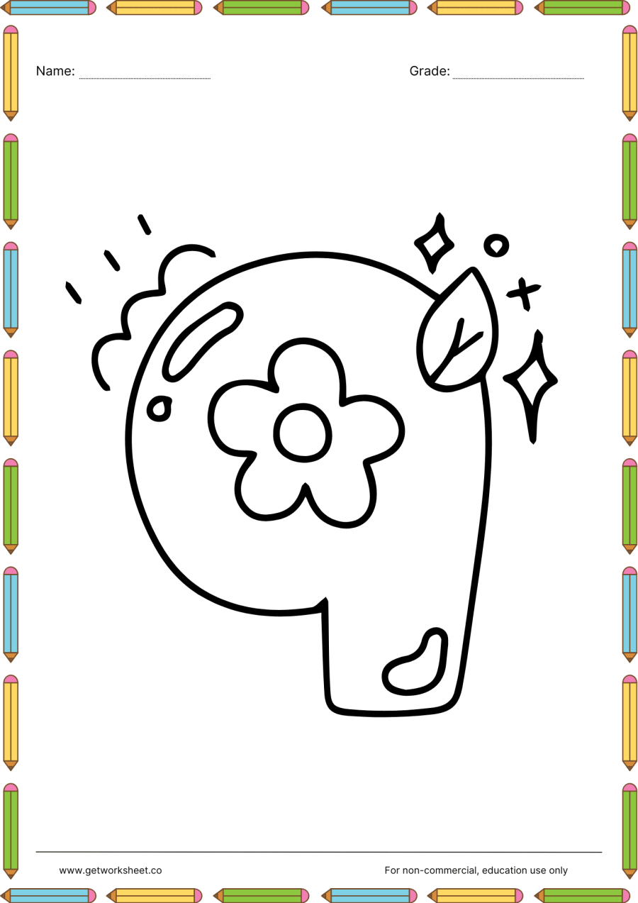 Number 9 coloring page: flower inside the loop and leaf – free printable PDF worksheet, page 1 preview (Free printable number coloring pages)