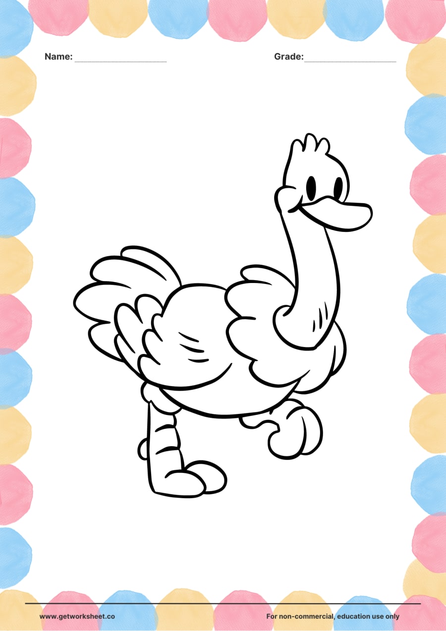 Animal coloring page: ostrich mid-stride – free printable PDF worksheet, page 1 preview (Free printable animal coloring pages)
