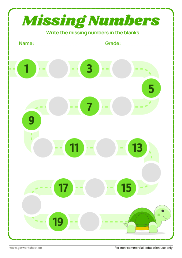 Missing numbers to 20: turtle path, odds given, fill evens – free printable PDF worksheet, page 1 preview (10 free missing number worksheets)