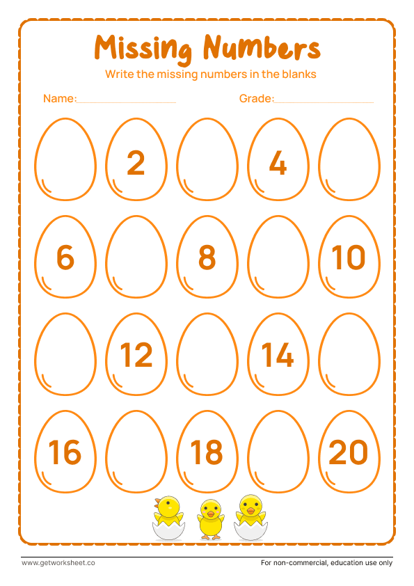 Missing numbers to 20: eggs show the evens, fill the odds – free printable PDF worksheet, page 1 preview (10 free missing number worksheets)