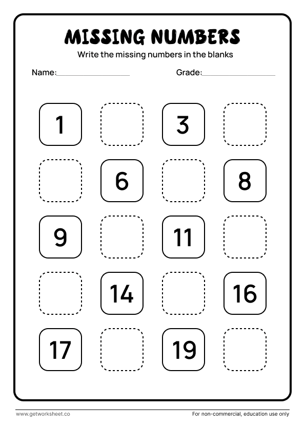 Missing numbers 1 to 20: 10 blanks, black-and-white grid – free printable PDF worksheet, page 1 preview (10 free missing number worksheets)