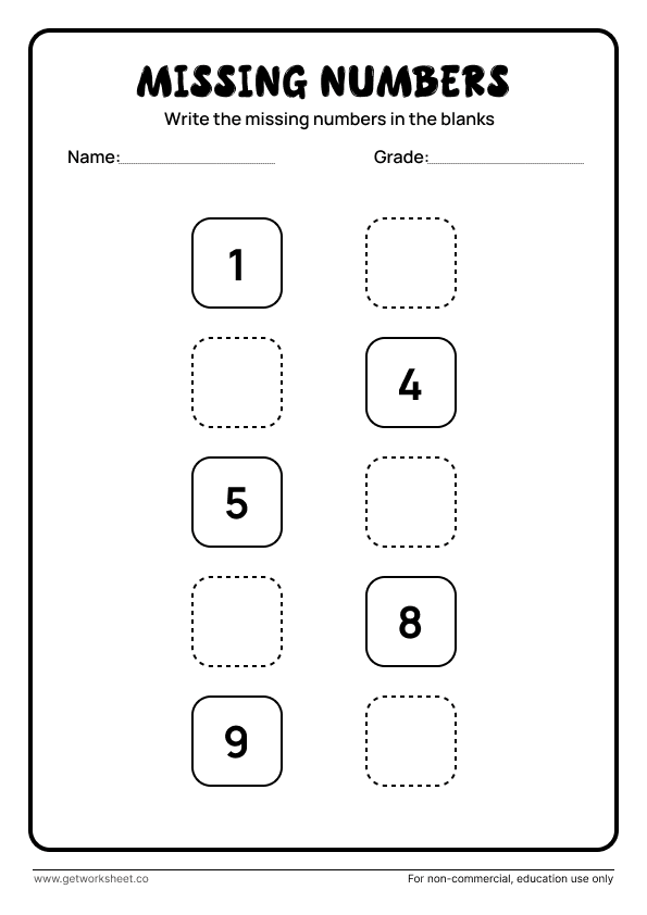 Missing numbers 1 to 10: two columns, 1, 4, 5, 8, 9 given – free printable PDF worksheet, page 1 preview (10 free missing number worksheets)