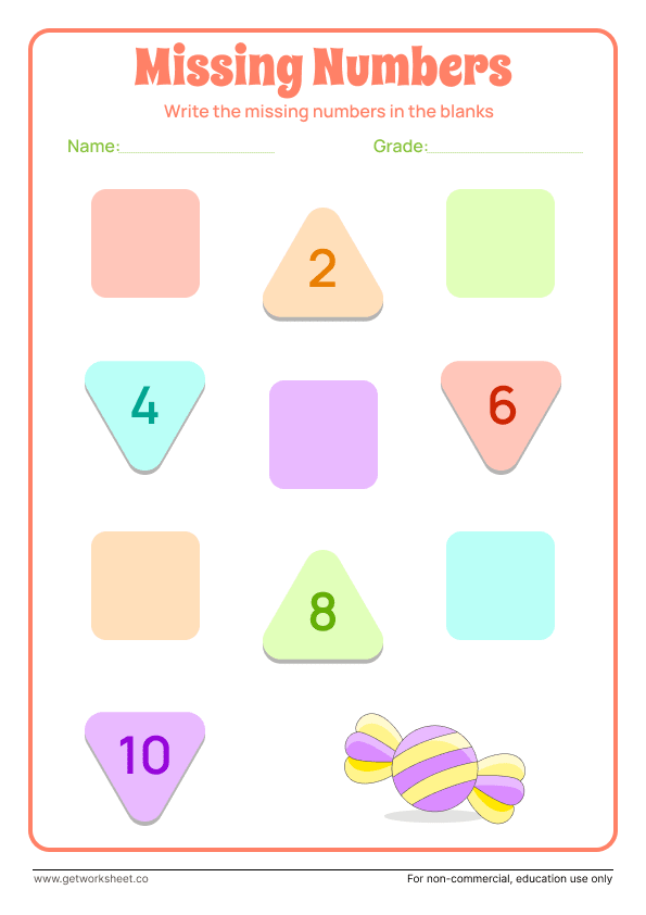 Missing numbers 1 to 10: shapes with 2, 4, 6, 8 and 10 given – free printable PDF worksheet, page 1 preview (10 free missing number worksheets)