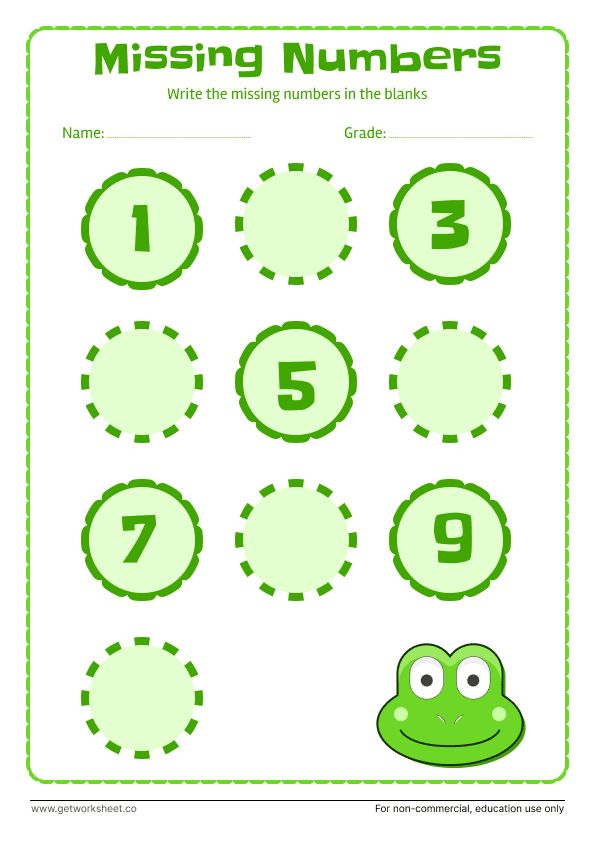 Missing numbers 1 to 10: green circles, odd numbers given – free printable PDF worksheet, page 1 preview (10 free missing number worksheets)
