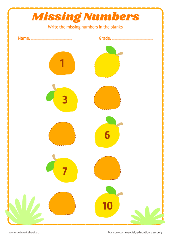 Missing numbers 1 to 10: fruit trail, 1, 3, 6, 7, 10 given – free printable PDF worksheet, page 1 preview (10 free missing number worksheets)
