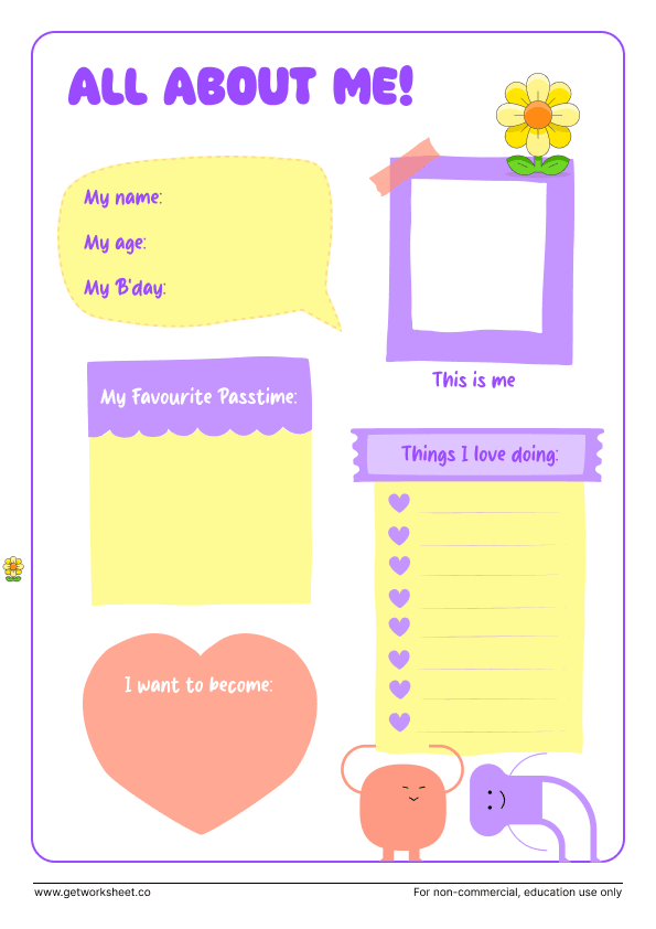 All about me: passtime, things I love doing, future job All about me: passtime, things I love doing, future job – free printable PDF worksheet, page 1 preview (10 free all about me worksheets)