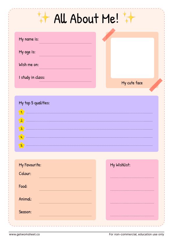 All about me: top 5 qualities, favourites and wishlist All about me: top 5 qualities, favourites and wishlist – free printable PDF worksheet, page 1 preview (10 free all about me worksheets)