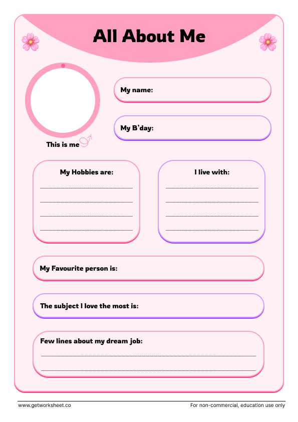 All about me: who I live with, favourite subject, dream job All about me: who I live with, favourite subject, dream job – free printable PDF worksheet, page 1 preview (10 free all about me worksheets)