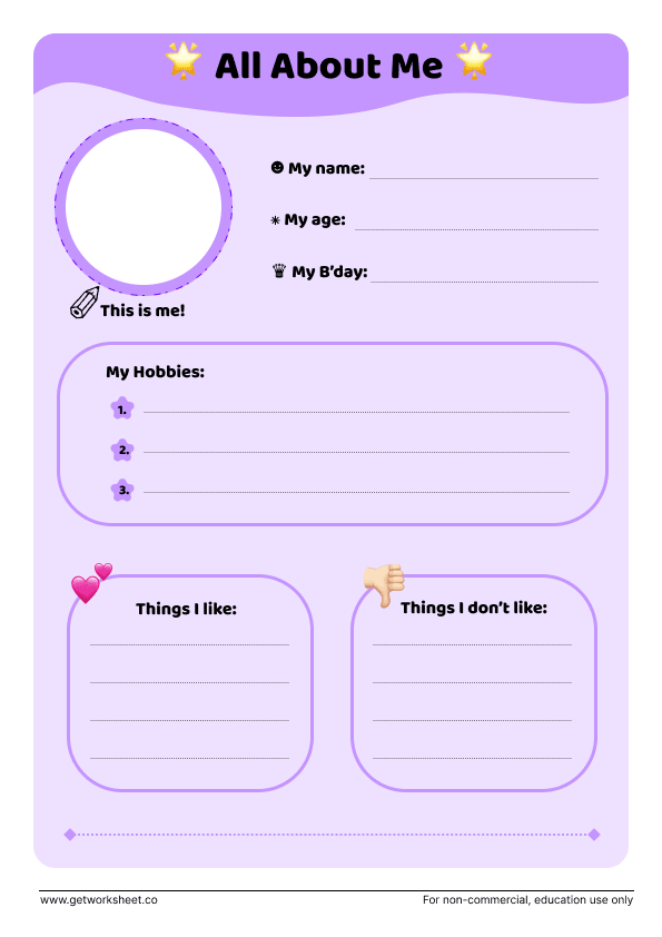 All about me: hobbies, things I like and things I don't like All about me: hobbies, things I like and things I don't like – free printable PDF worksheet, page 1 preview (10 free all about me worksheets)