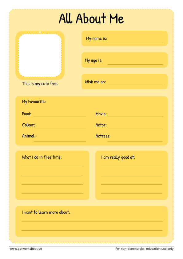 All about me: favourite actor, animal and free-time boxes All about me: favourite actor, animal and free-time boxes – free printable PDF worksheet, page 1 preview (10 free all about me worksheets)