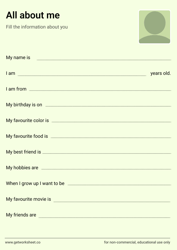 All about me: fill-in lines from name to dream job All about me: fill-in lines from name to dream job – free printable PDF worksheet, page 1 preview (10 free all about me worksheets)
