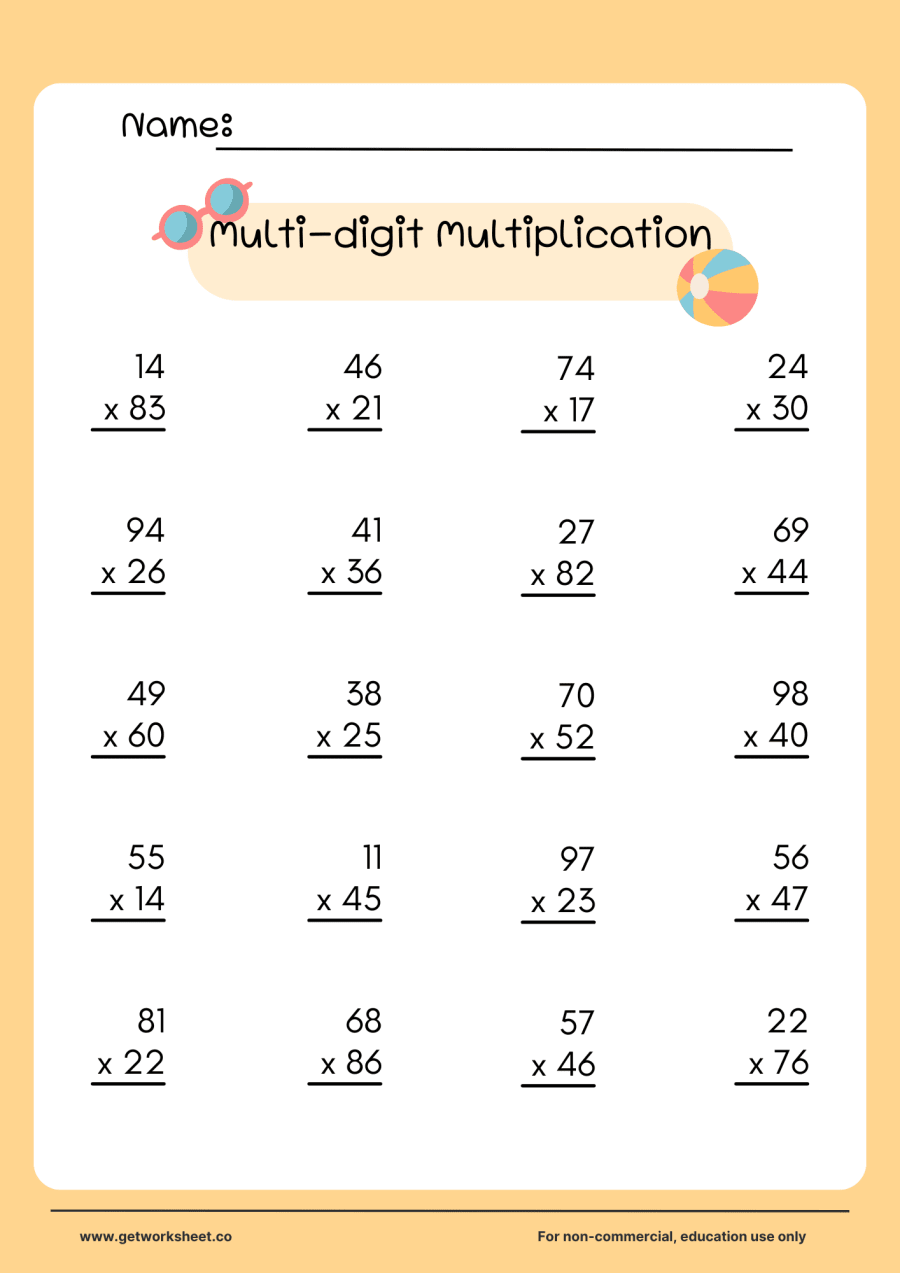 2-digit by 2-digit multiplication practice, set 1 (20 problems) 2-digit by 2-digit multiplication practice, set 1 (20 problems) – free printable PDF worksheet, page 1 preview (10 free multi-digit multiplication worksheets)