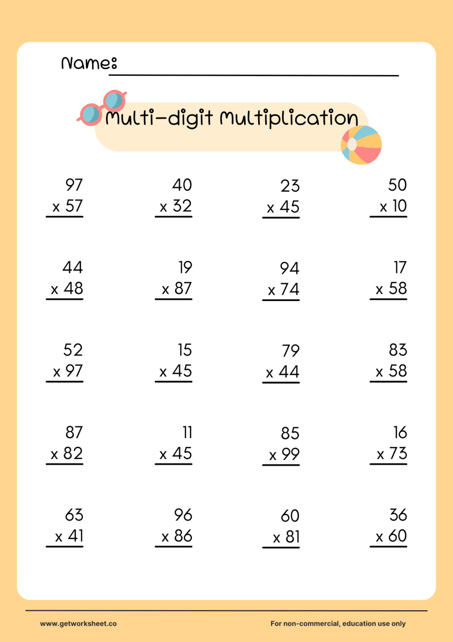 2-digit by 2-digit multiplication practice, set 2 (20 problems) 2-digit by 2-digit multiplication practice, set 2 (20 problems) – free printable PDF worksheet, page 1 preview (10 free multi-digit multiplication worksheets)