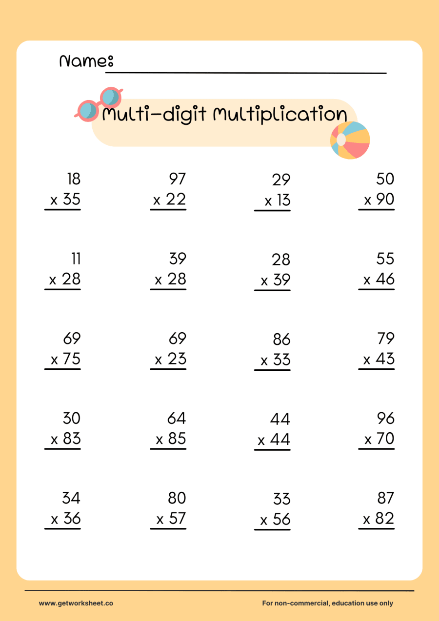 2-digit by 2-digit multiplication practice, set 4 (20 problems) 2-digit by 2-digit multiplication practice, set 4 (20 problems) – free printable PDF worksheet, page 1 preview (10 free multi-digit multiplication worksheets)