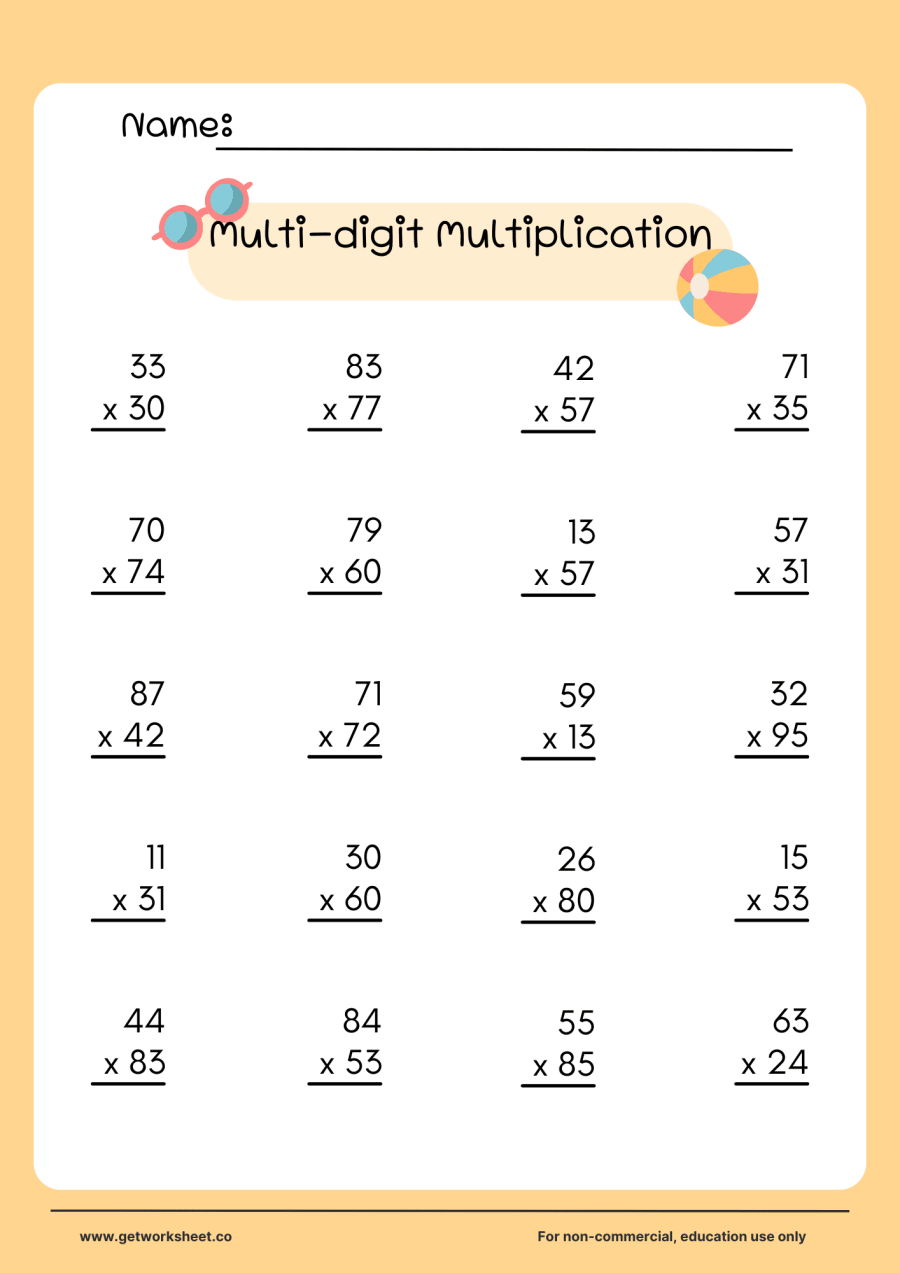 2-digit by 2-digit multiplication practice, set 5 (20 problems) 2-digit by 2-digit multiplication practice, set 5 (20 problems) – free printable PDF worksheet, page 1 preview (10 free multi-digit multiplication worksheets)