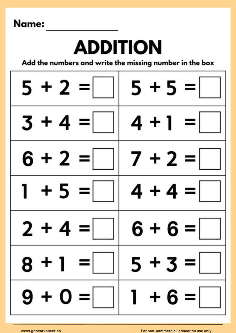 Add within 12: 14 horizontal sums with answer boxes – free printable PDF worksheet, page 1 preview (Free addition worksheets)