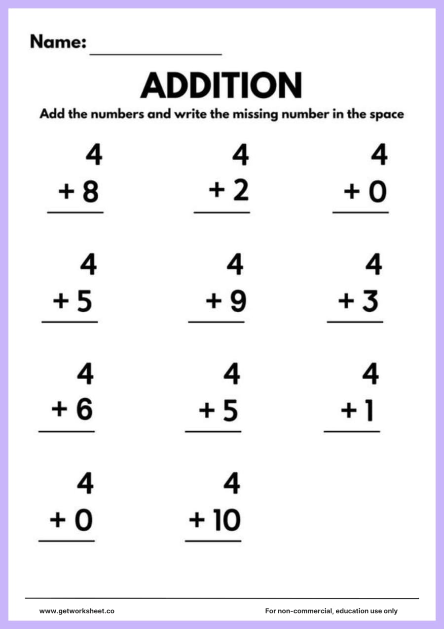 Adding 4: 11 column sums from 4 + 0 to 4 + 10 – free printable PDF worksheet, page 1 preview (Free addition worksheets)