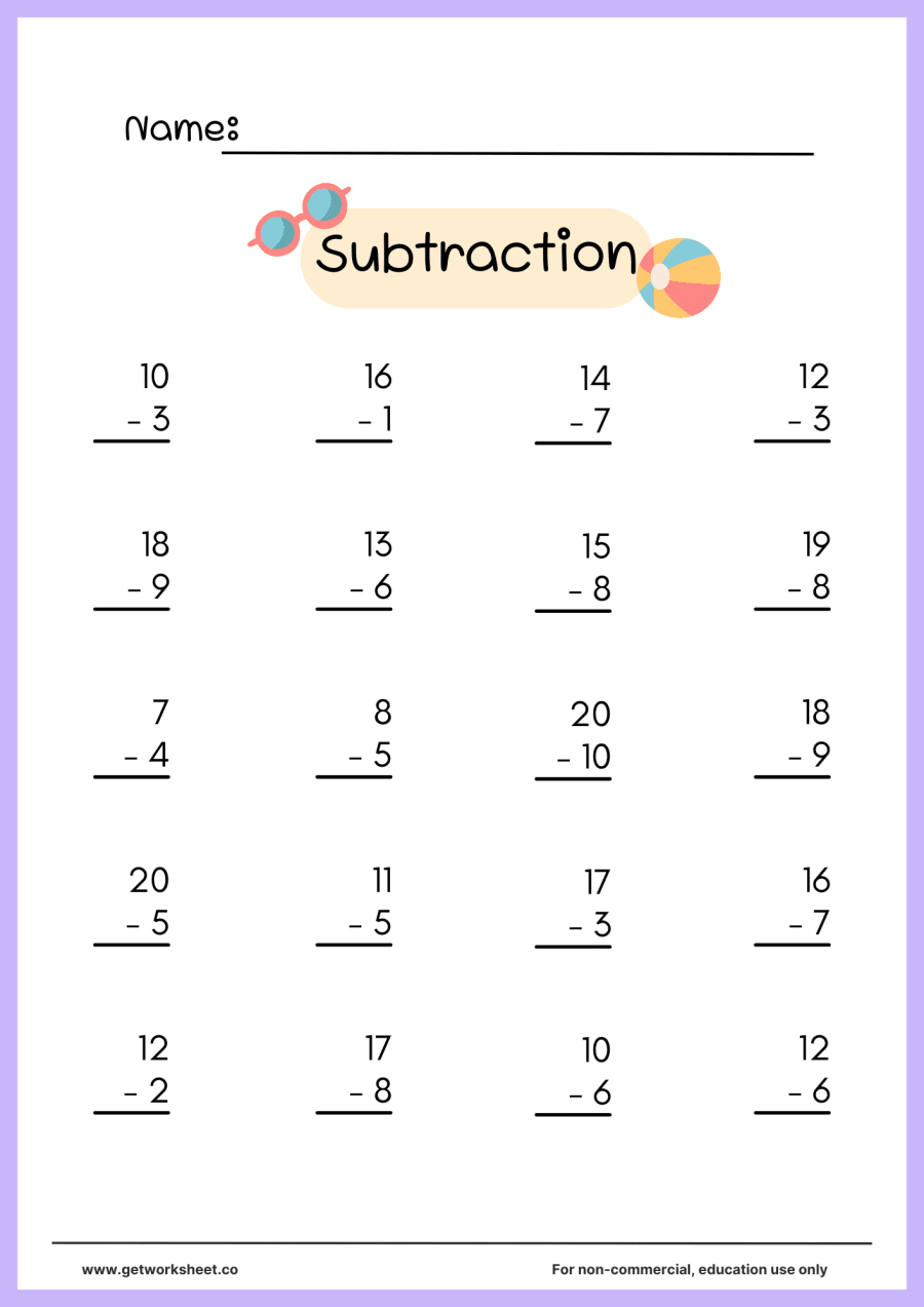 20 column subtraction problems within 20 – free printable PDF worksheet, page 1 preview (Free subtraction worksheets (within 10 and 20))