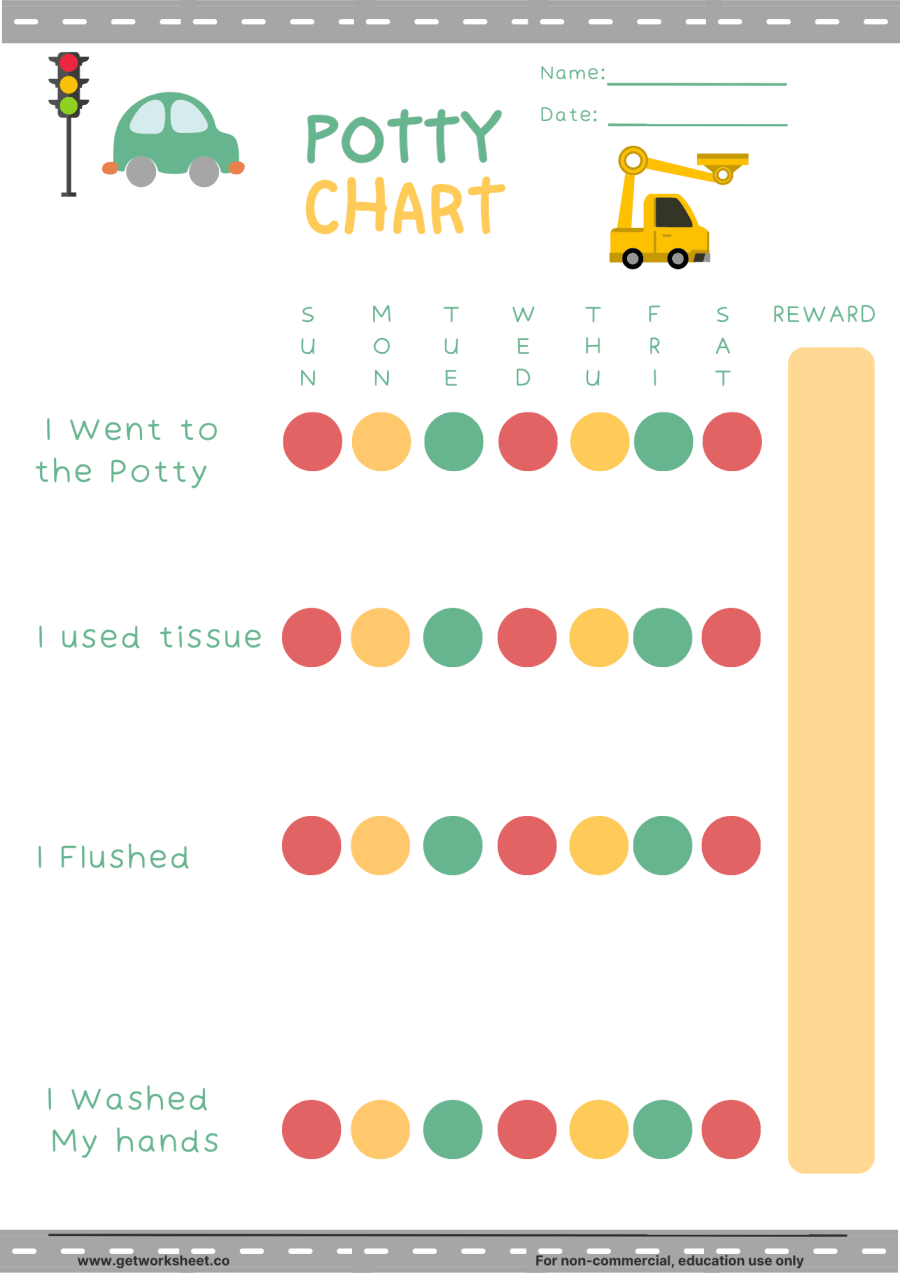 Potty chart: traffic-light dots for potty, tissue, flush Potty chart: traffic-light dots for potty, tissue, flush – free printable PDF worksheet, page 1 preview (8 free potty training chart printables)