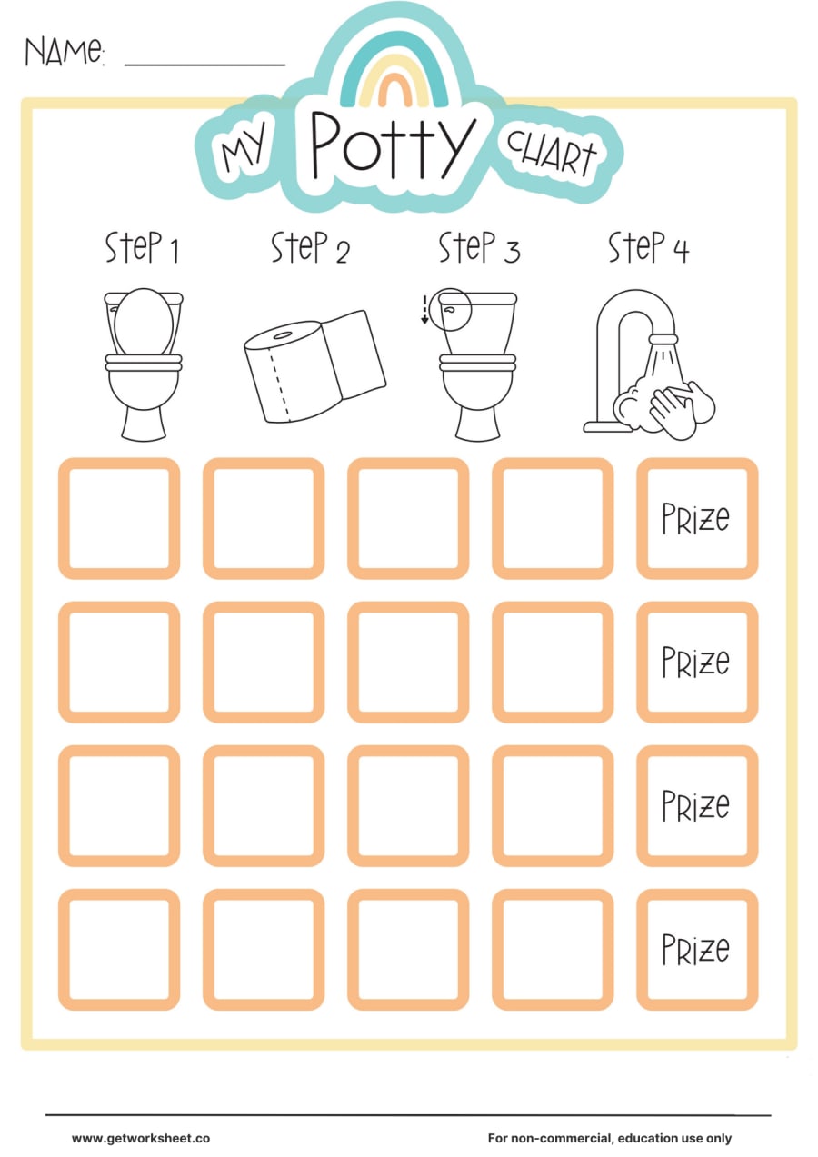 My potty chart: 4 steps with a prize box each row My potty chart: 4 steps with a prize box each row – free printable PDF worksheet, page 1 preview (8 free potty training chart printables)