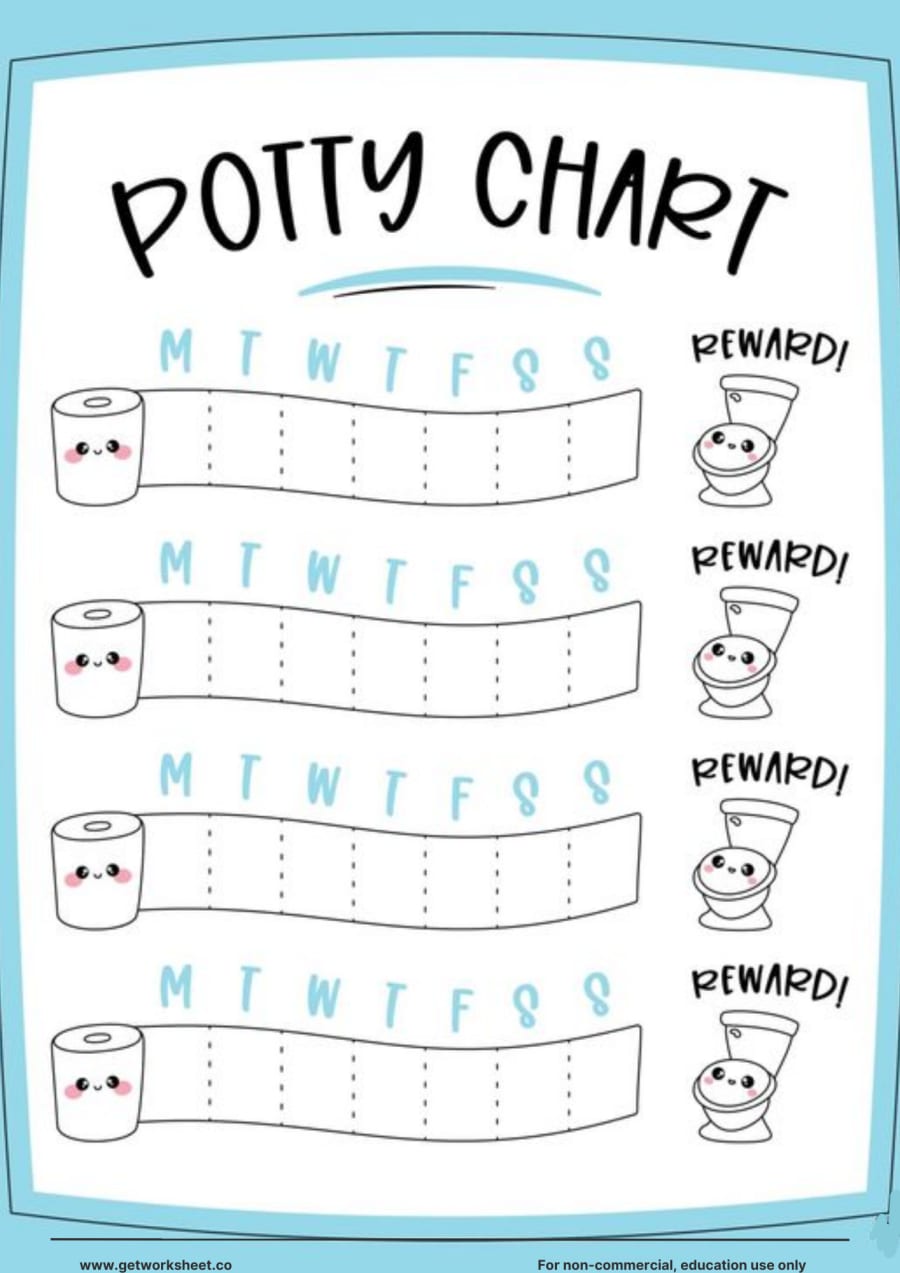 Potty chart: 4 weeks on toilet-paper rolls, Mon to Sun Potty chart: 4 weeks on toilet-paper rolls, Mon to Sun – free printable PDF worksheet, page 1 preview (8 free potty training chart printables)