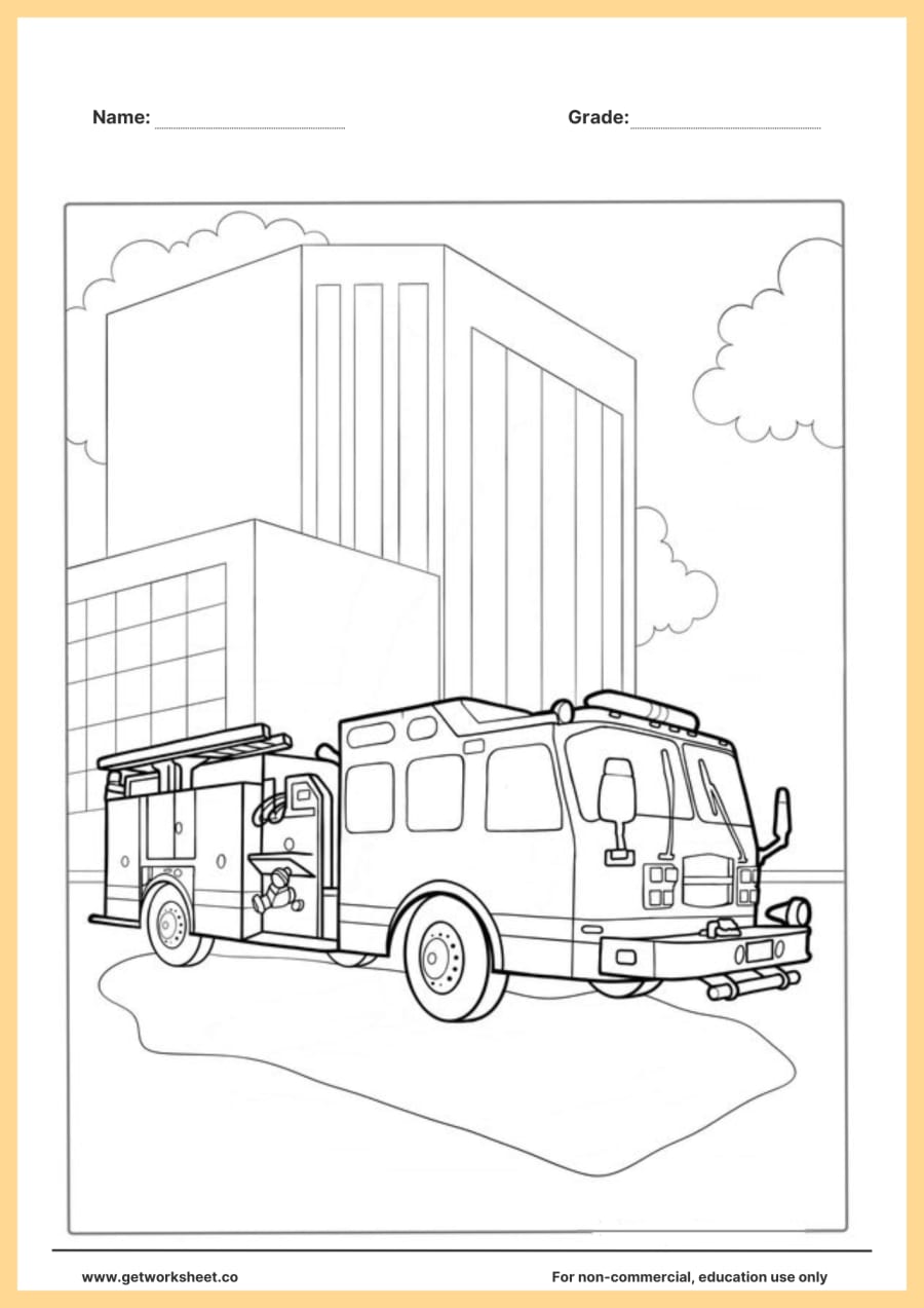 Fire truck coloring page: truck in front of tall buildings – free printable PDF worksheet, page 1 preview (Free fire truck coloring page printable)
