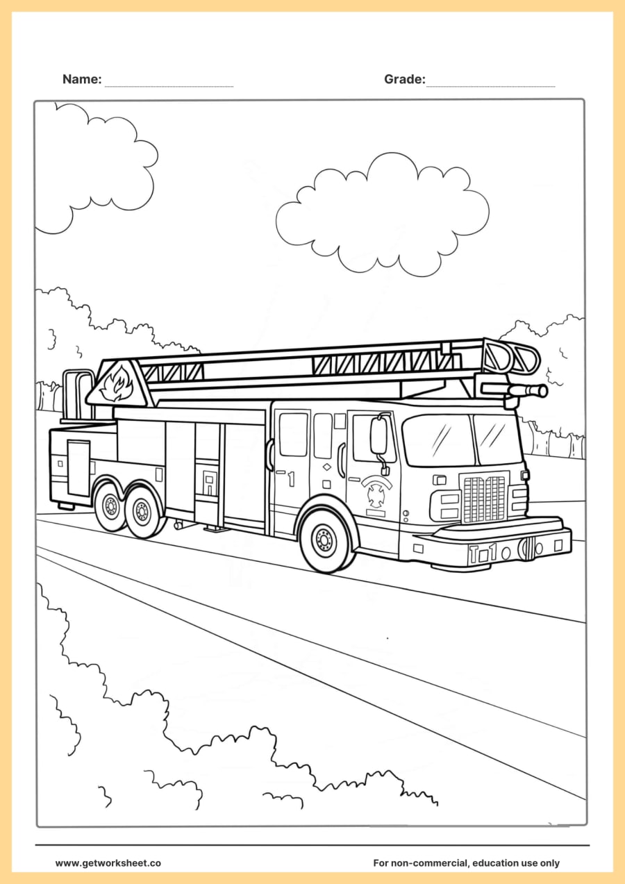 Fire truck coloring page: ladder truck on a tree-lined road – free printable PDF worksheet, page 1 preview (Free fire truck coloring page printable)