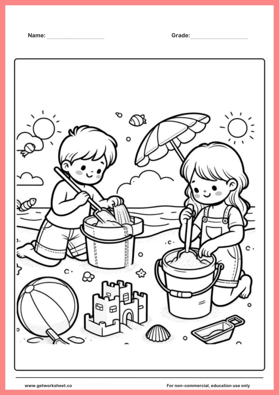 Summer coloring page: building a sandcastle on the beach – free printable PDF worksheet, page 1 preview (Free summer coloring pages)