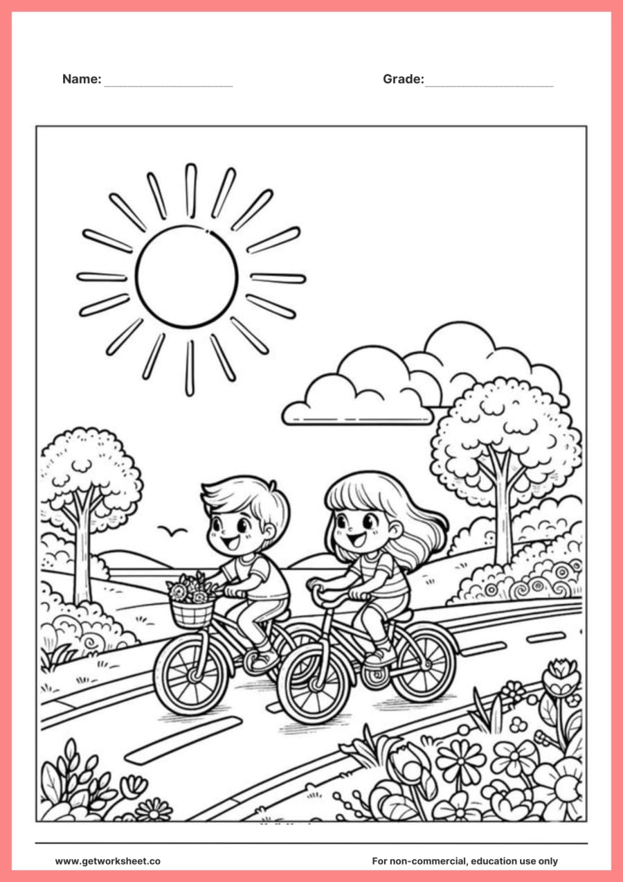 Summer coloring page: bike ride past trees and flowers – free printable PDF worksheet, page 1 preview (Free summer coloring pages)