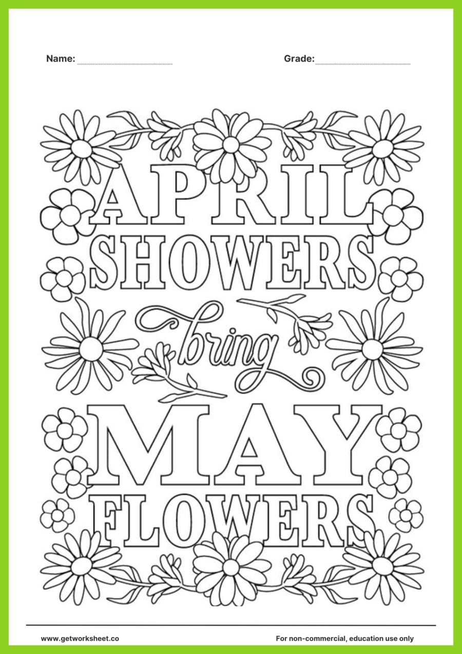 Spring coloring page: 'April showers bring May flowers' – free printable PDF worksheet, page 1 preview (Free spring coloring pages)