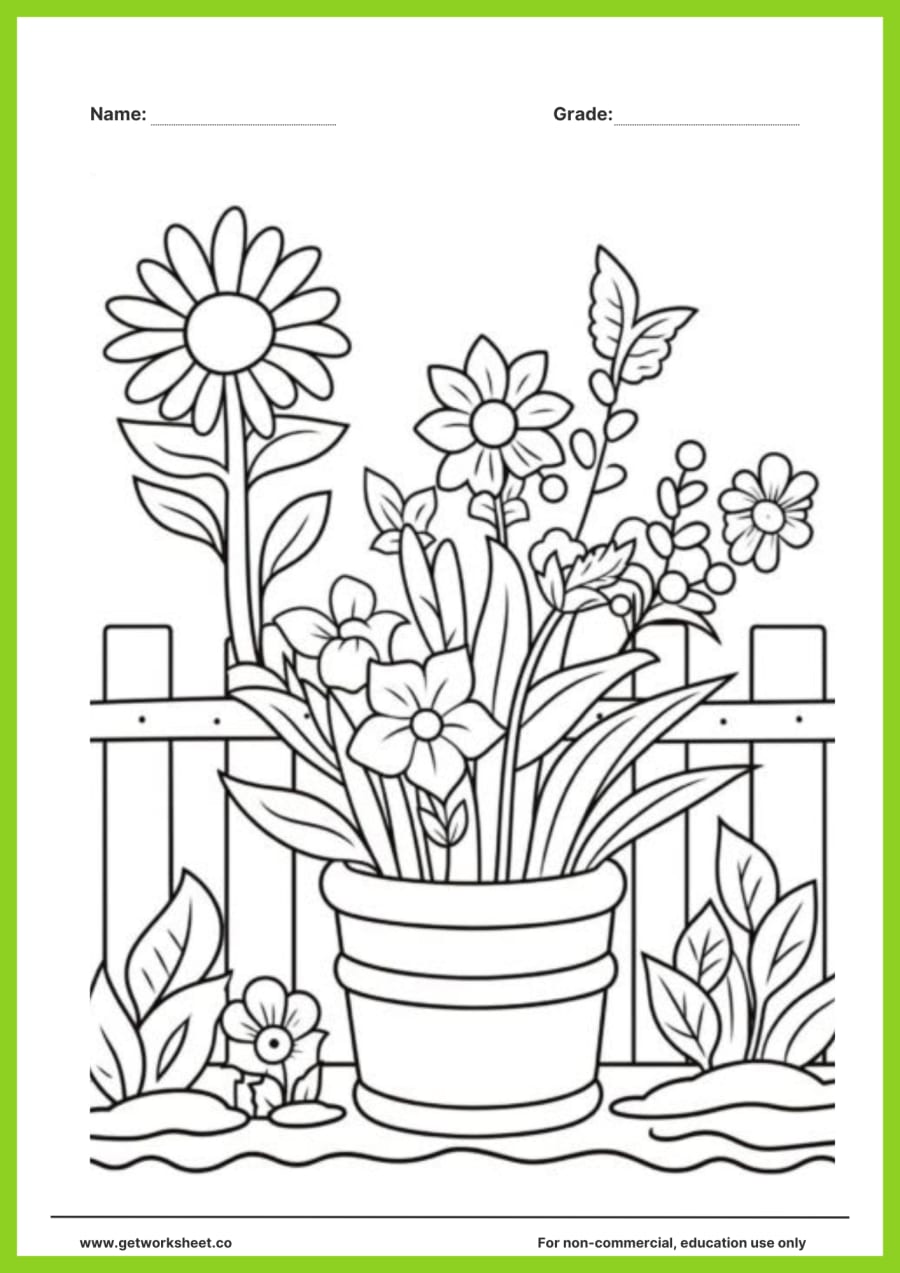 Spring coloring page: flower pot by the garden fence – free printable PDF worksheet, page 1 preview (Free spring coloring pages)