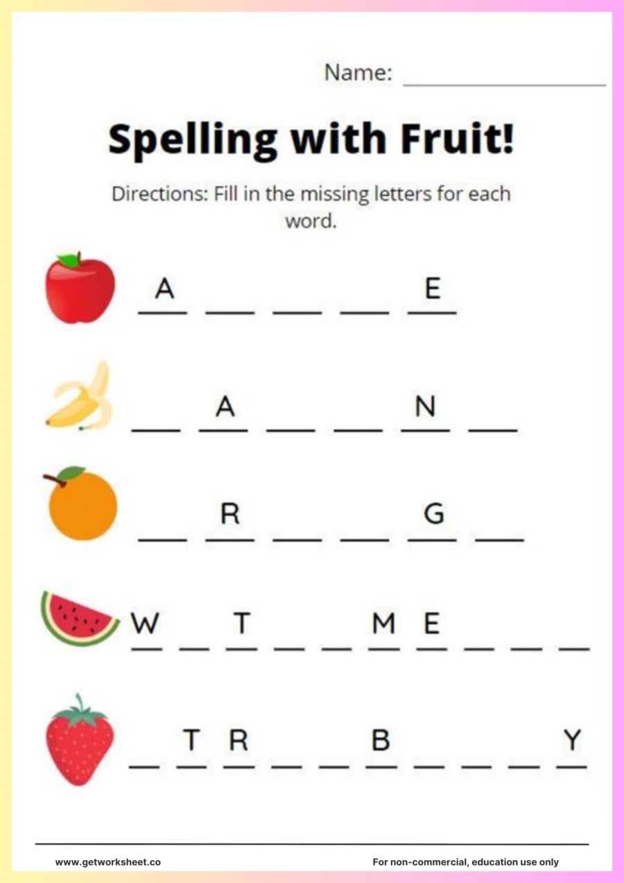 Spelling with fruit: fill the missing letters Spelling with fruit: fill the missing letters – free printable PDF worksheet, page 1 preview (Free spelling worksheets)