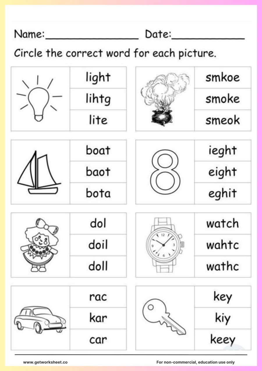 Circle the correct spelling: light, smoke, boat, eight Circle the correct spelling: light, smoke, boat, eight – free printable PDF worksheet, page 1 preview (Free spelling worksheets)