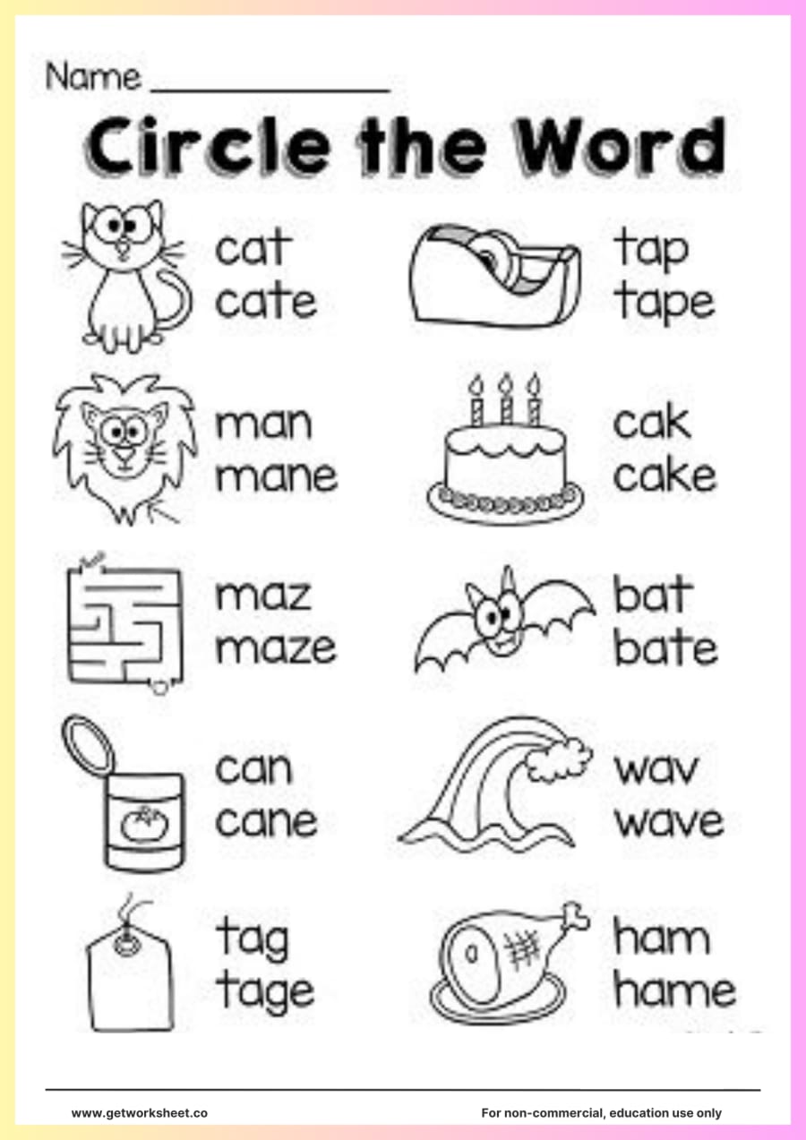 Circle the word: silent e pairs (cat/cate, tap/tape) Circle the word: silent e pairs (cat/cate, tap/tape) – free printable PDF worksheet, page 1 preview (Free spelling worksheets)