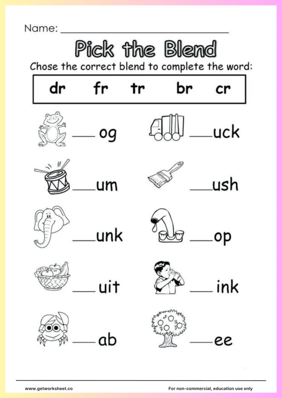 Pick the blend: dr, fr, tr, br, cr words Pick the blend: dr, fr, tr, br, cr words – free printable PDF worksheet, page 1 preview (Free spelling worksheets)