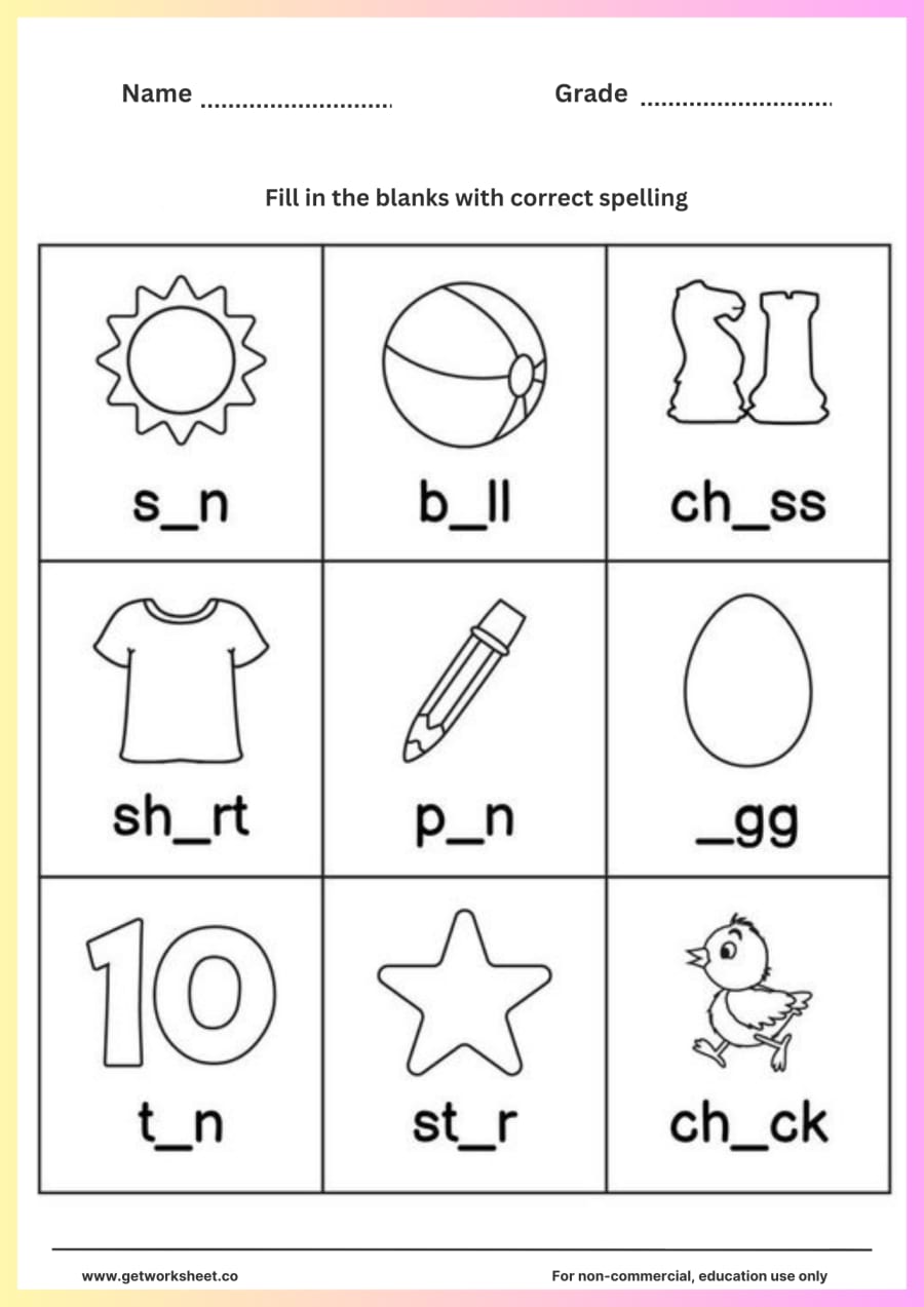 Fill in the missing vowel: sun, ball, chess, shirt Fill in the missing vowel: sun, ball, chess, shirt – free printable PDF worksheet, page 1 preview (Free spelling worksheets)