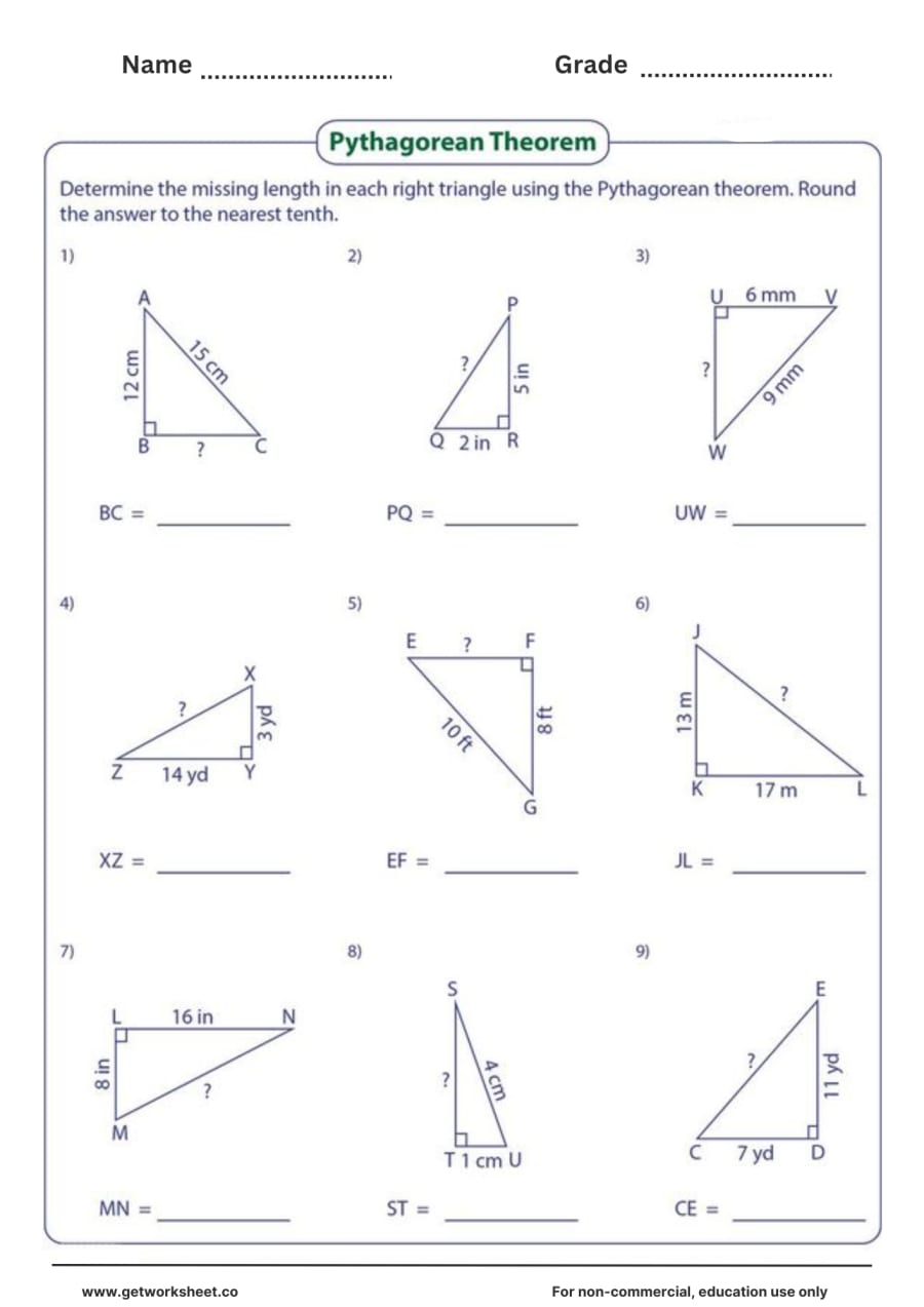 Nine labelled triangles, mixed units Nine labelled triangles, mixed units – free printable PDF worksheet, page 1 preview (Free Pythagorean theorem worksheets)