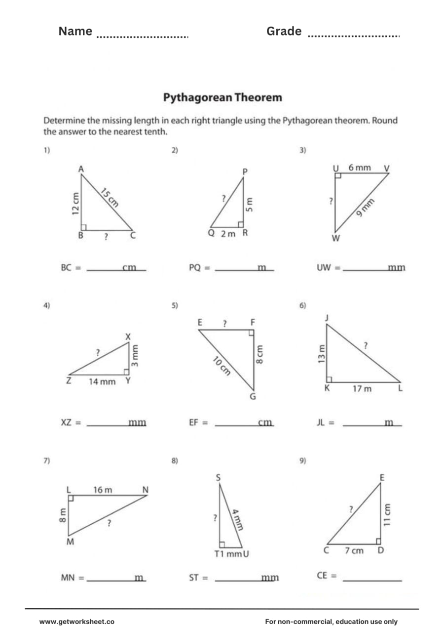 Nine labelled triangles, metric version Nine labelled triangles, metric version – free printable PDF worksheet, page 1 preview (Free Pythagorean theorem worksheets)