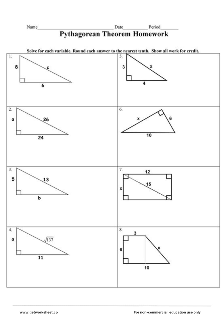 Homework: triples, a rectangle and a trapezoid Homework: triples, a rectangle and a trapezoid – free printable PDF worksheet, page 1 preview (Free Pythagorean theorem worksheets)