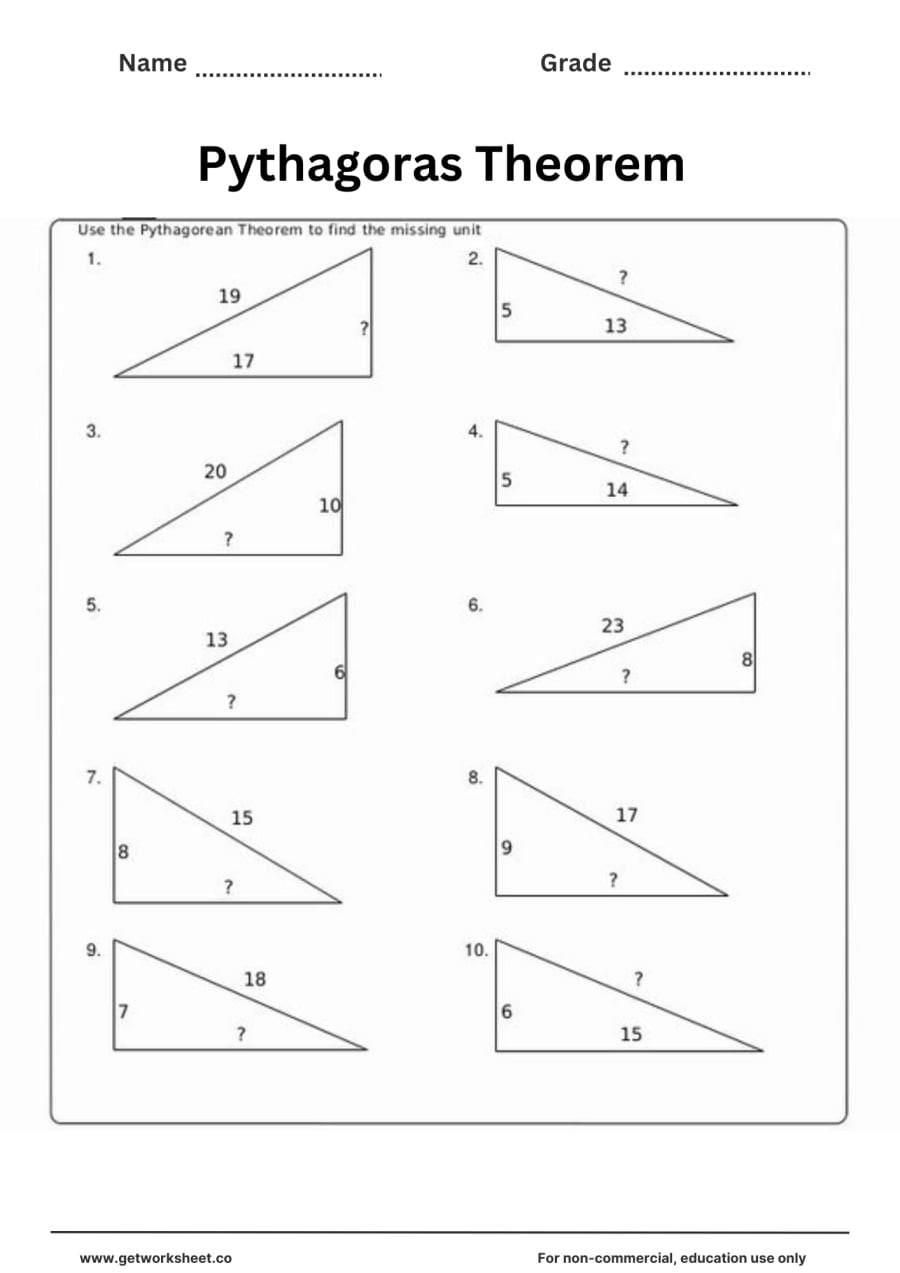 Find the missing side (10 triangles, irrational answers) Find the missing side (10 triangles, irrational answers) – free printable PDF worksheet, page 1 preview (Free Pythagorean theorem worksheets)