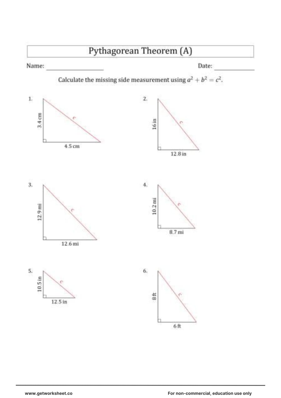 Decimal legs, find the hypotenuse (6 problems) Decimal legs, find the hypotenuse (6 problems) – free printable PDF worksheet, page 1 preview (Free Pythagorean theorem worksheets)
