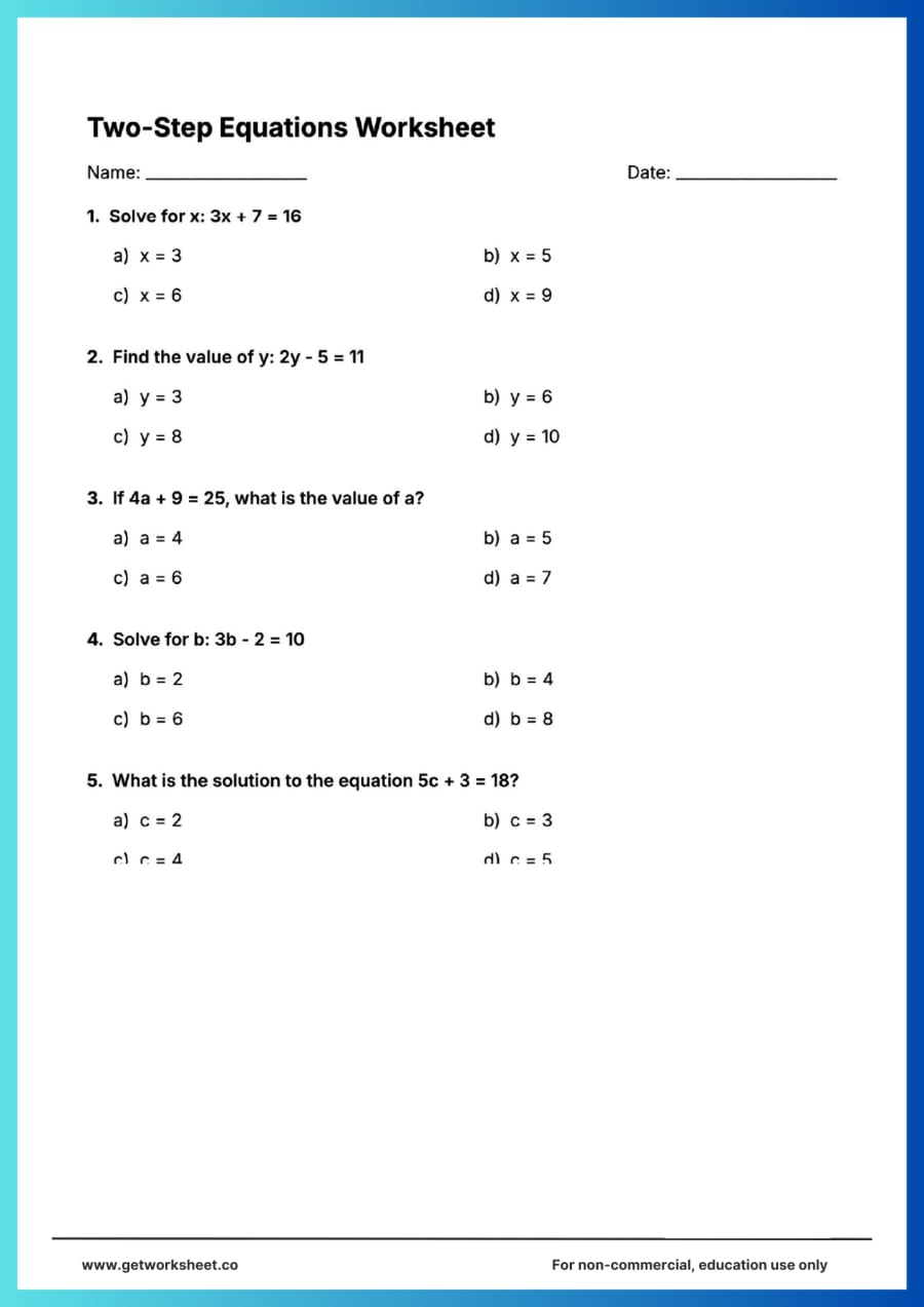 Two-step equations multiple choice: 3x + 7 = 16 style Two-step equations multiple choice: 3x + 7 = 16 style – free printable PDF worksheet, page 1 preview (9 free two step equations worksheets)