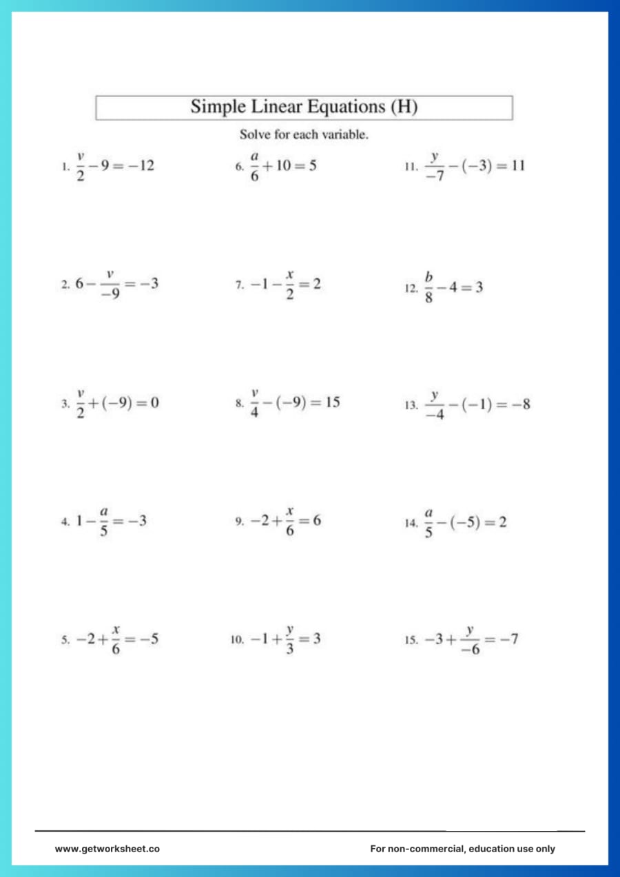 Two-step equations with fractions and negatives: 15 problems Two-step equations with fractions and negatives: 15 problems – free printable PDF worksheet, page 1 preview (9 free two step equations worksheets)