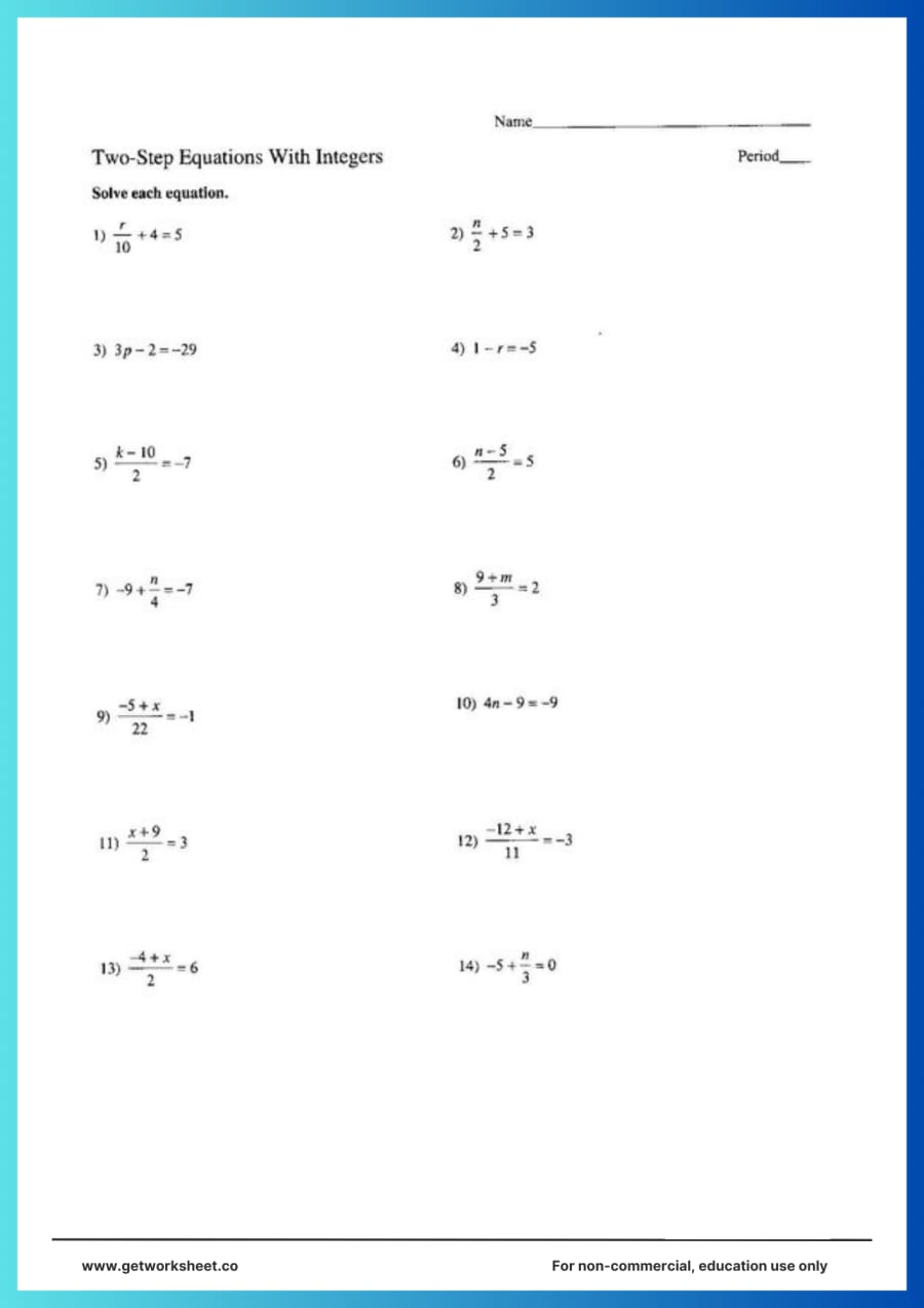 Two-step equations with integers: 14 problems with fractions Two-step equations with integers: 14 problems with fractions – free printable PDF worksheet, page 1 preview (9 free two step equations worksheets)