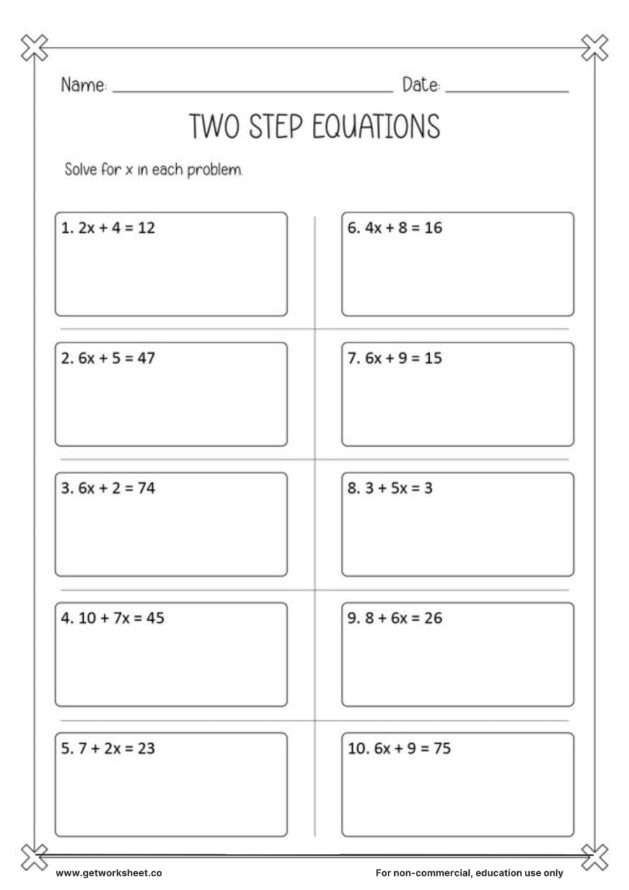 Two-step equations ax + b = c: 10 problems with work boxes Two-step equations ax + b = c: 10 problems with work boxes – free printable PDF worksheet, page 1 preview (9 free two step equations worksheets)
