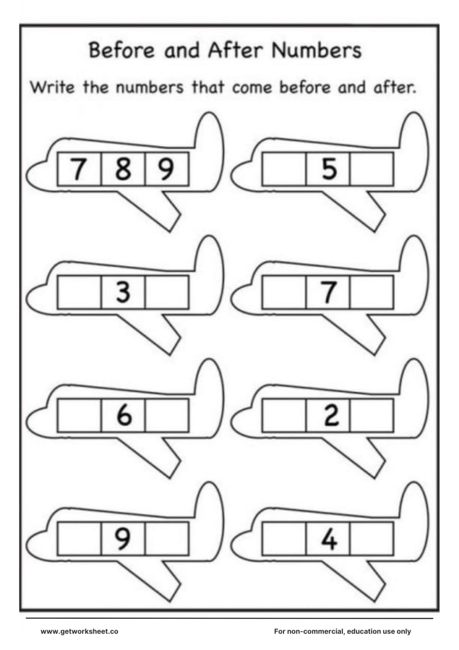 Before and after within 10: aeroplane number strips – free printable PDF worksheet, page 1 preview (Free before and after numbers worksheets)