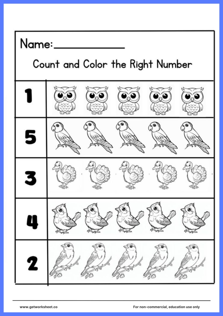 Count and color: birds 1 to 5 (owls, parrots, turkeys) – free printable PDF worksheet, page 1 preview (Free count and color worksheets)